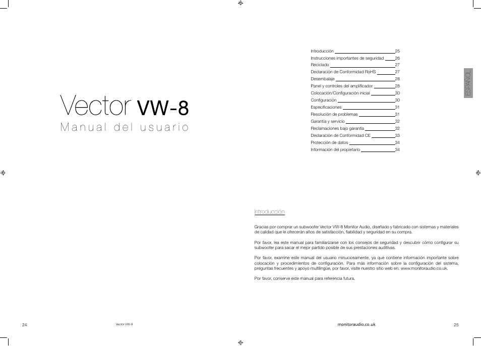 Esp a ñ ol, Introducción | Vector VW-8 User Manual | Page 14 / 51