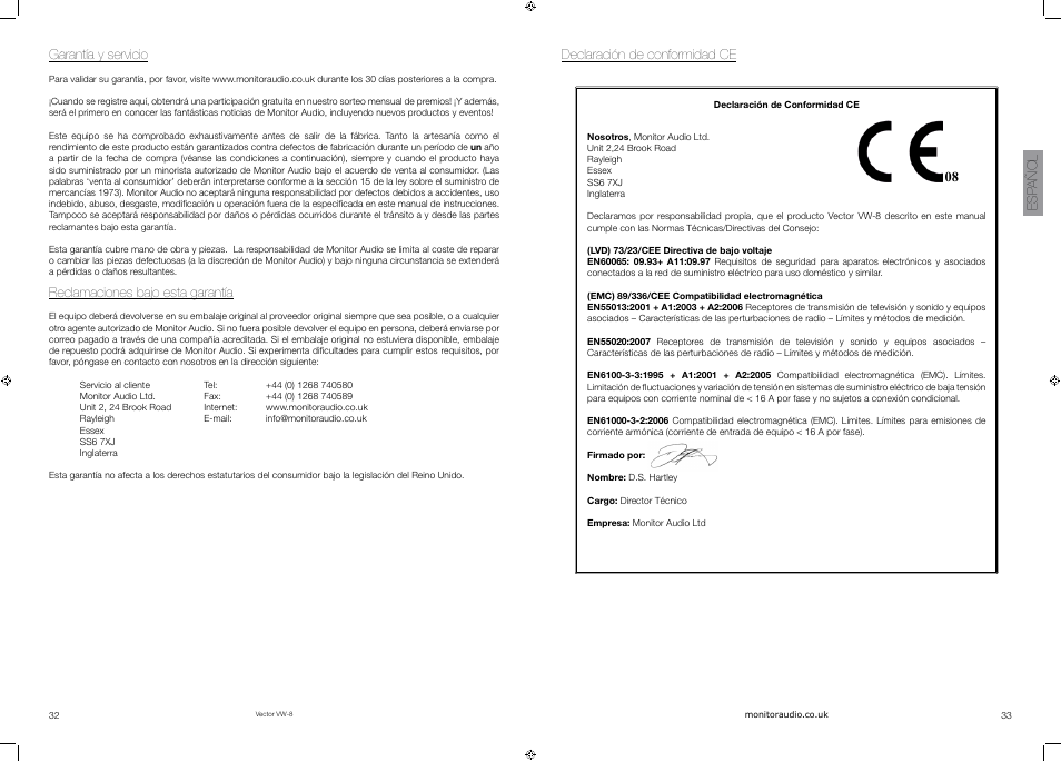 Garantía y servicio, Reclamaciones bajo esta garantía, Declaración de conformidad ce | 08 esp a ñ ol | Vector VW-8 User Manual | Page 18 / 51