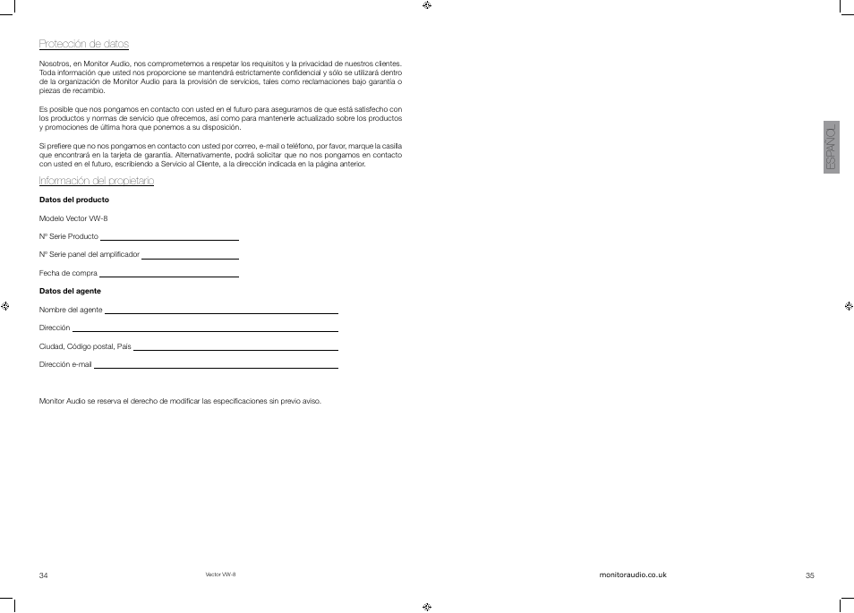 Protección de datos, Información del propietario, Esp a ñ ol | Vector VW-8 User Manual | Page 19 / 51