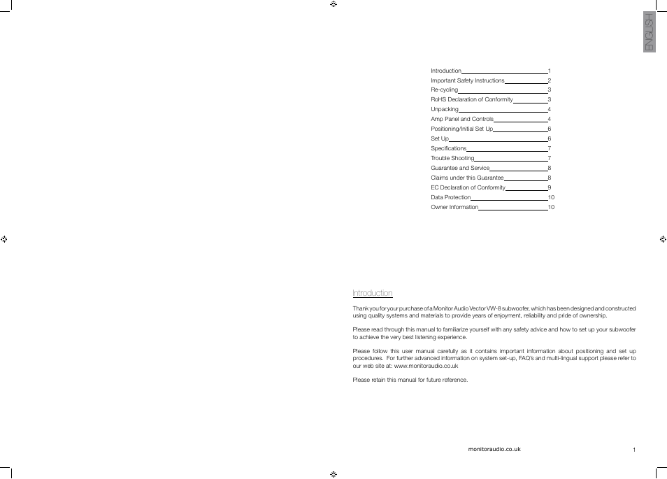 English, Introduction | Vector VW-8 User Manual | Page 2 / 51