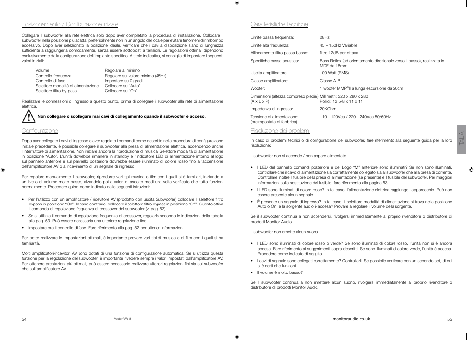 Posizionamento / configurazione iniziale, Configurazione, Caratteristiche tecniche | Risoluzione dei problemi, It alia | Vector VW-8 User Manual | Page 29 / 51