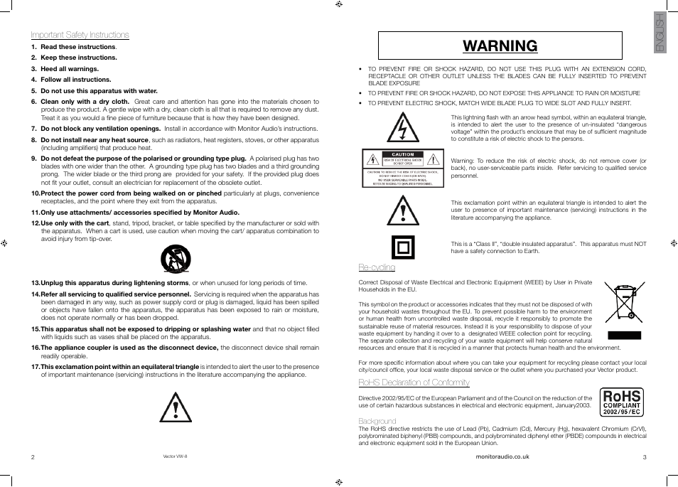 Warning, English | Vector VW-8 User Manual | Page 3 / 51