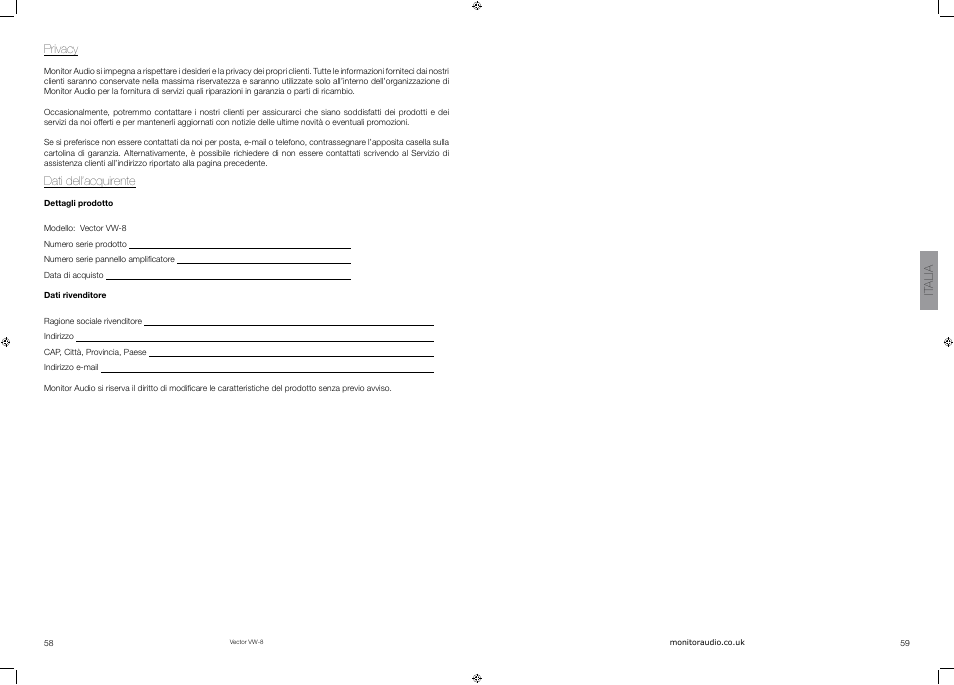 Privacy, Dati dell’acquirente, It alia | Vector VW-8 User Manual | Page 31 / 51