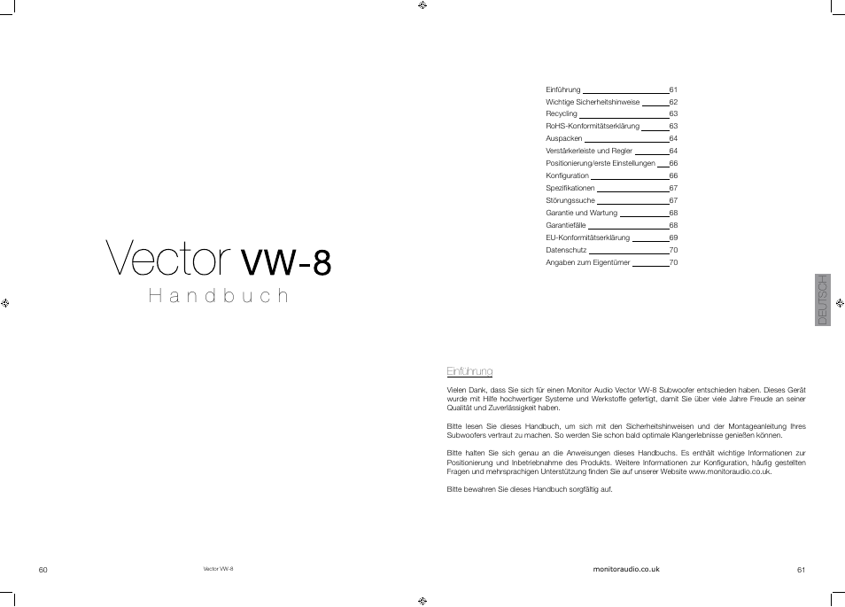 Deutsch, Einführung | Vector VW-8 User Manual | Page 32 / 51