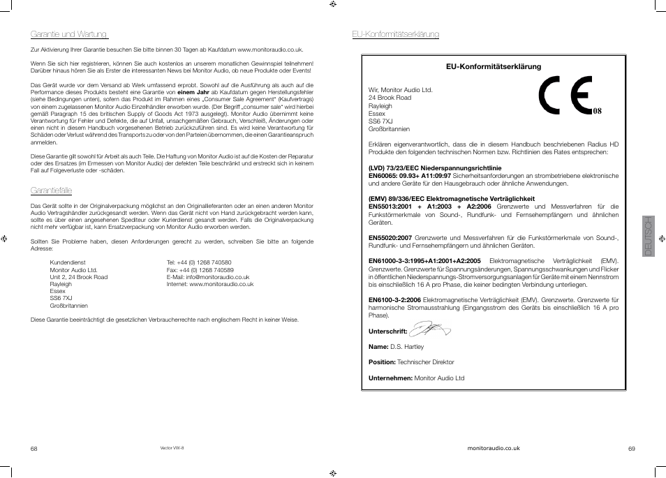 Deutsch garantie und wartung, Garantiefälle, Eu-konformitätserklärung | Vector VW-8 User Manual | Page 36 / 51