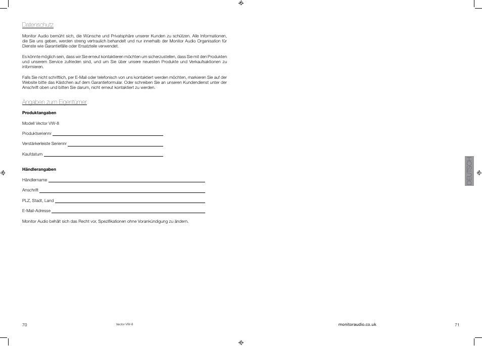 Deutsch datenschutz, Angaben zum eigentümer | Vector VW-8 User Manual | Page 37 / 51