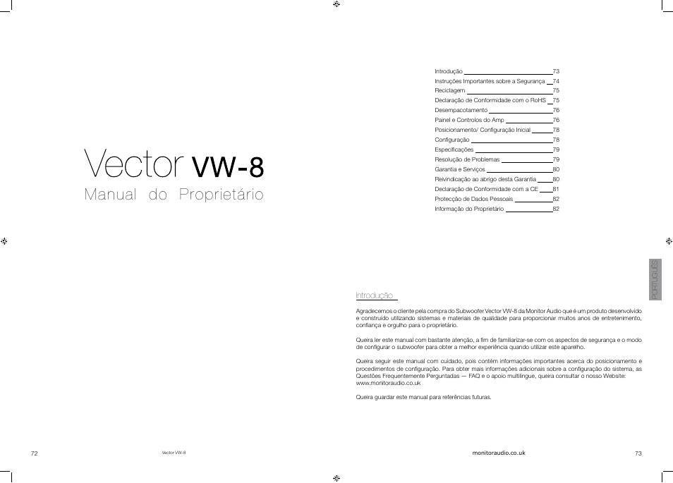 Manual do proprietário, Introdução | Vector VW-8 User Manual | Page 38 / 51