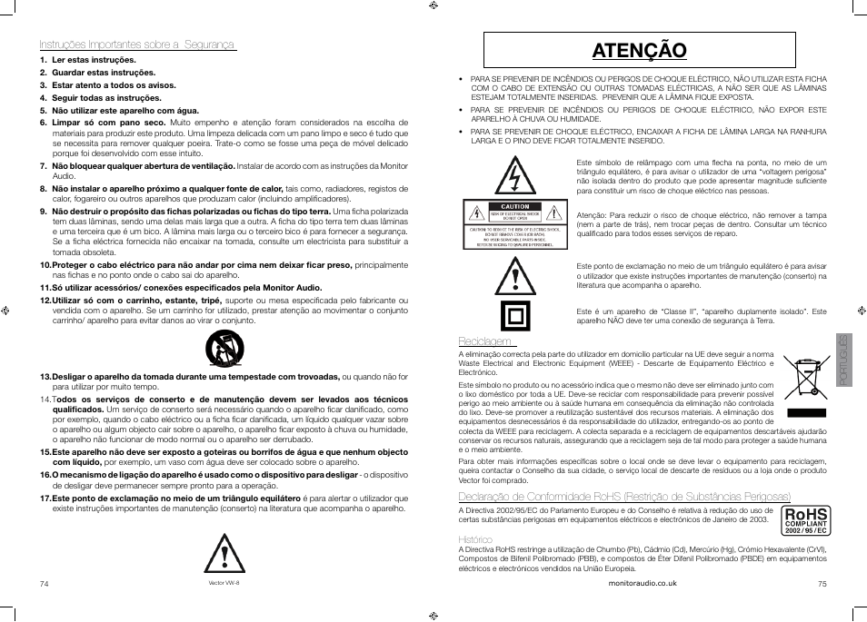 Atenção | Vector VW-8 User Manual | Page 39 / 51