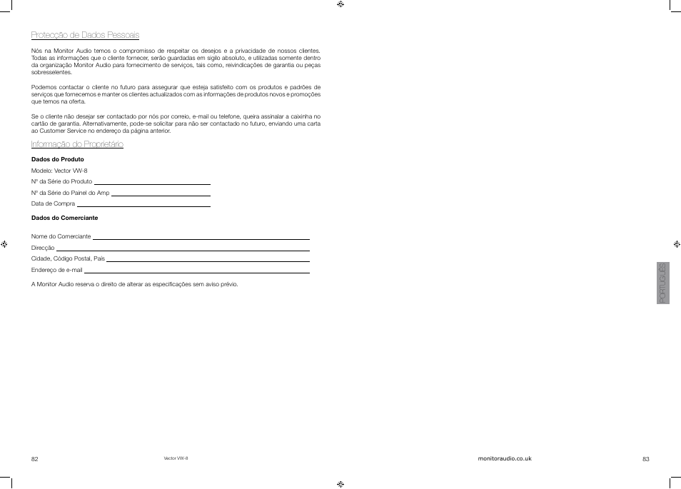 Protecção de dados pessoais, Informação do proprietário | Vector VW-8 User Manual | Page 43 / 51