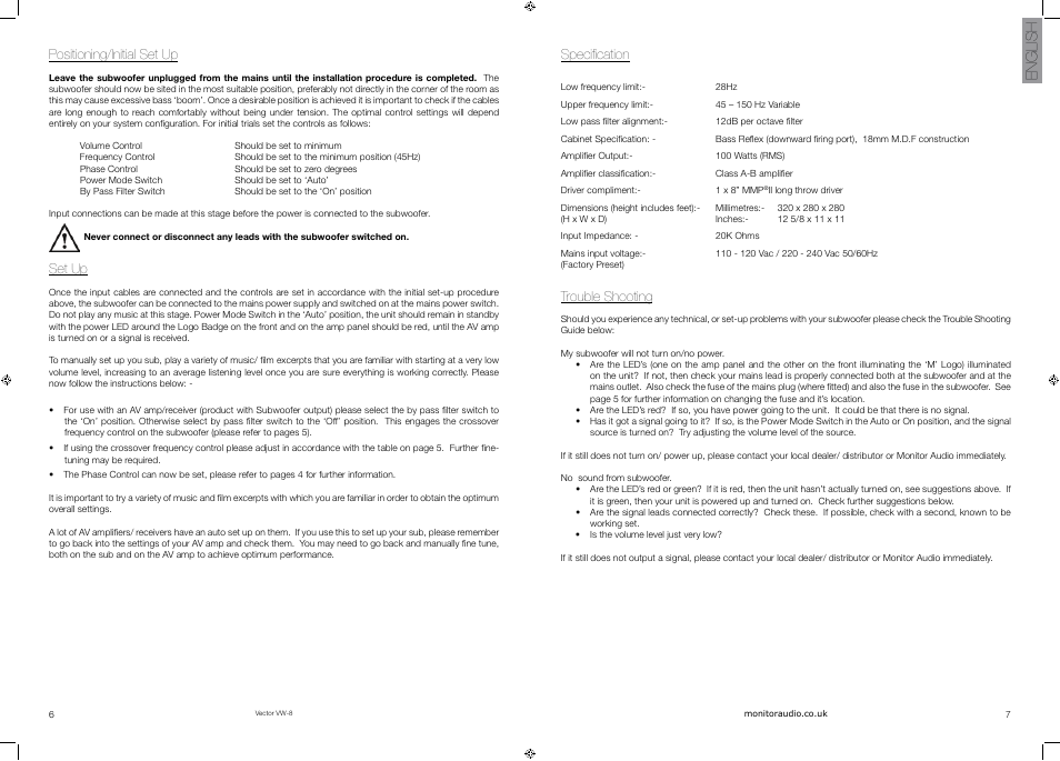 English, Positioning/initial set up, Set up | Specification, Trouble shooting | Vector VW-8 User Manual | Page 5 / 51