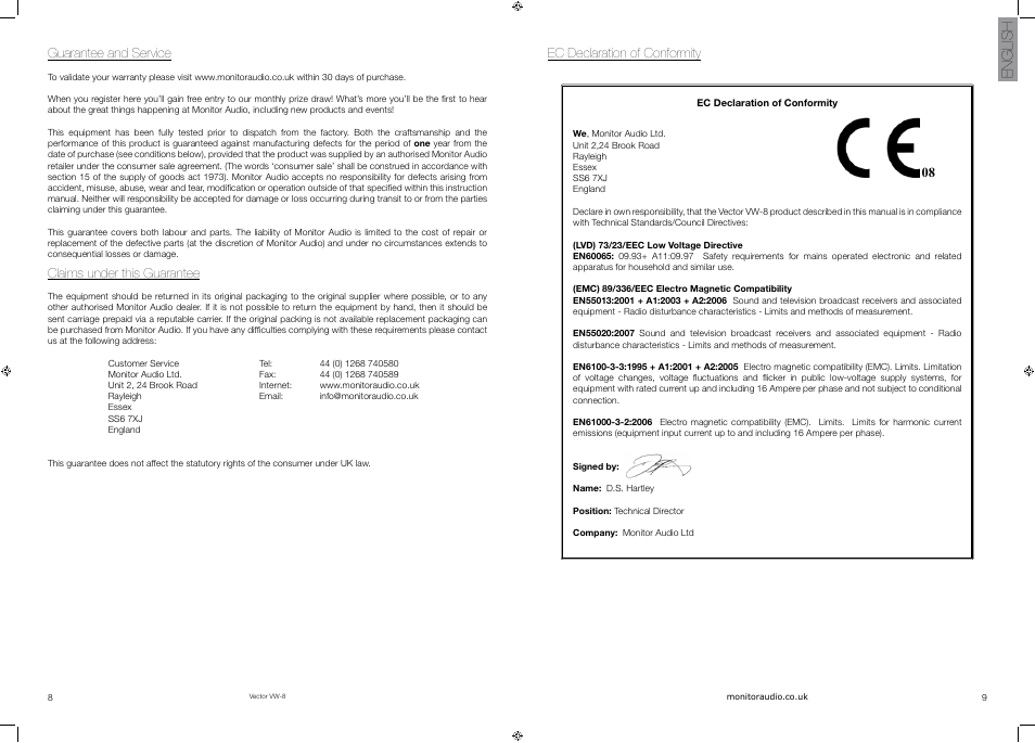 English, Guarantee and service, Claims under this guarantee | Ec declaration of conformity | Vector VW-8 User Manual | Page 6 / 51