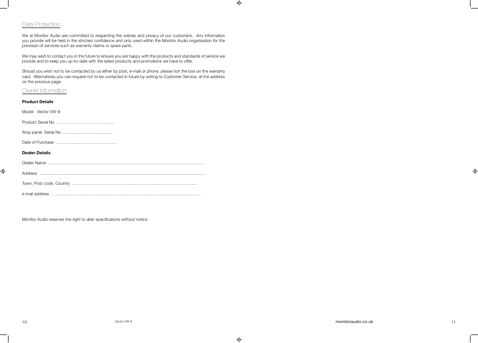 Data protection, Owner information | Vector VW-8 User Manual | Page 7 / 51