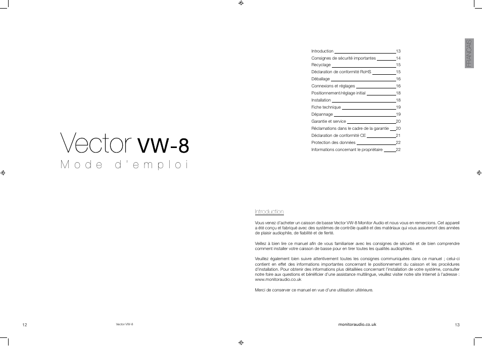 Francais, Introduction | Vector VW-8 User Manual | Page 8 / 51