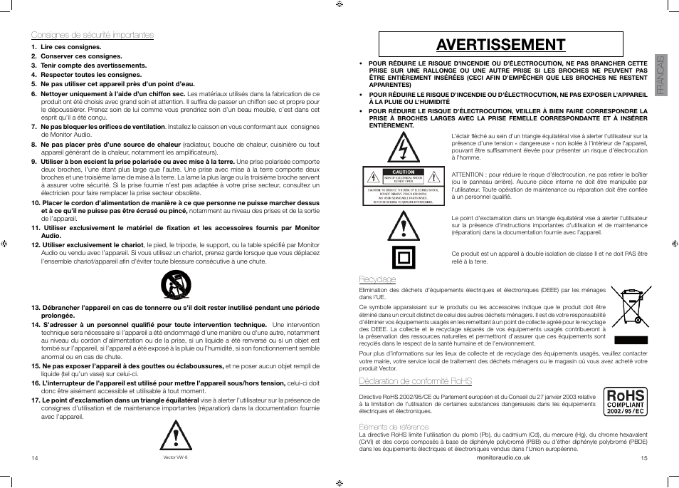 Avertissement | Vector VW-8 User Manual | Page 9 / 51