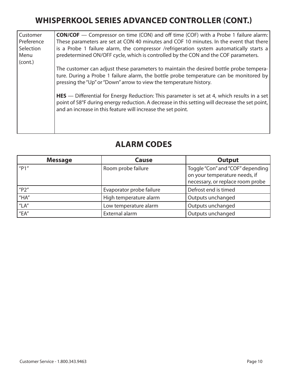 Whisperkool series advanced controller (cont.), Alarm codes | Vinothèque WhisperKOOL 2500 User Manual | Page 13 / 27