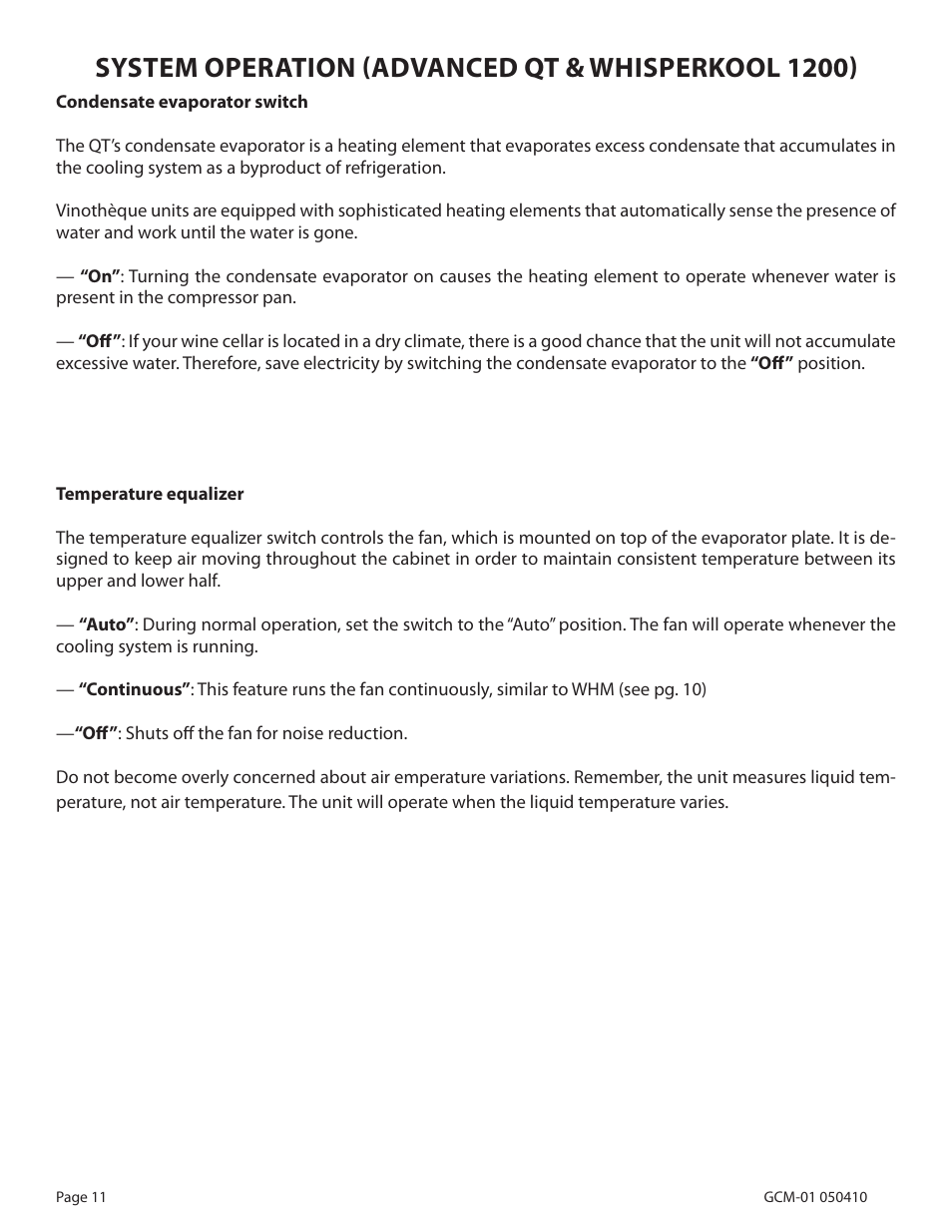 System operation (advanced qt & whisperkool 1200) | Vinothèque WhisperKOOL 2500 User Manual | Page 14 / 27