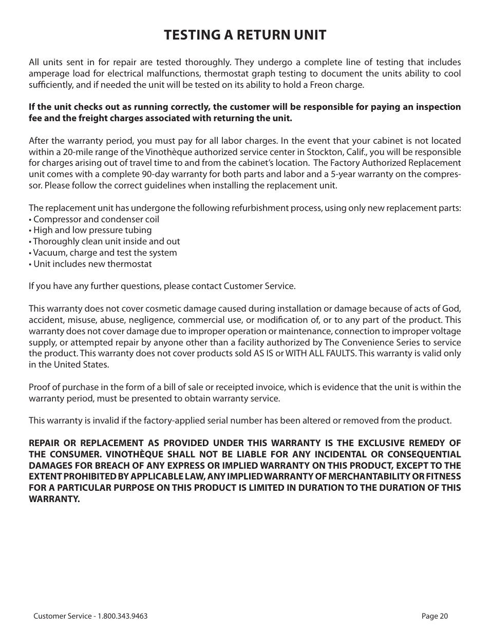 Testing a return unit | Vinothèque WhisperKOOL 2500 User Manual | Page 23 / 27