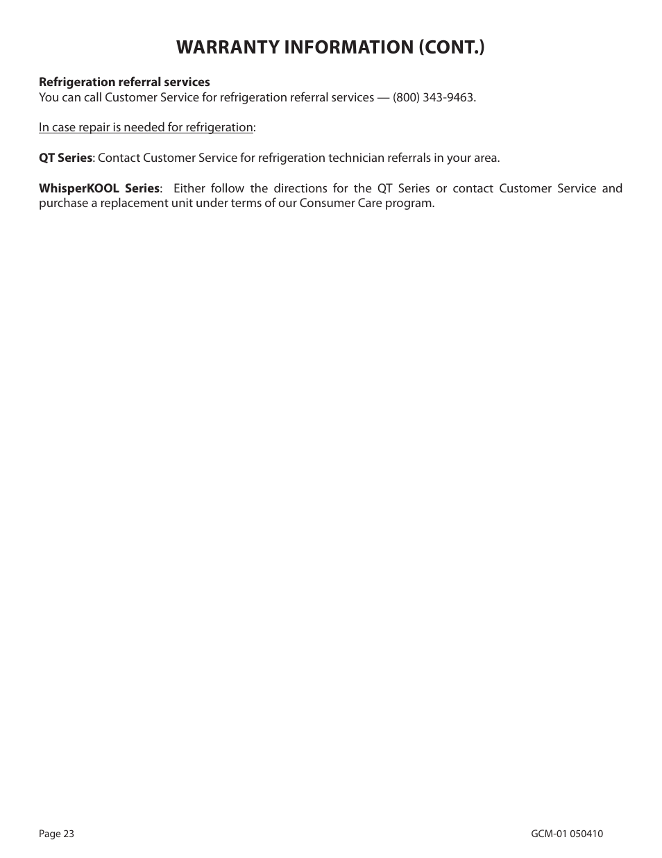 Warranty information (cont.) | Vinothèque WhisperKOOL 2500 User Manual | Page 26 / 27