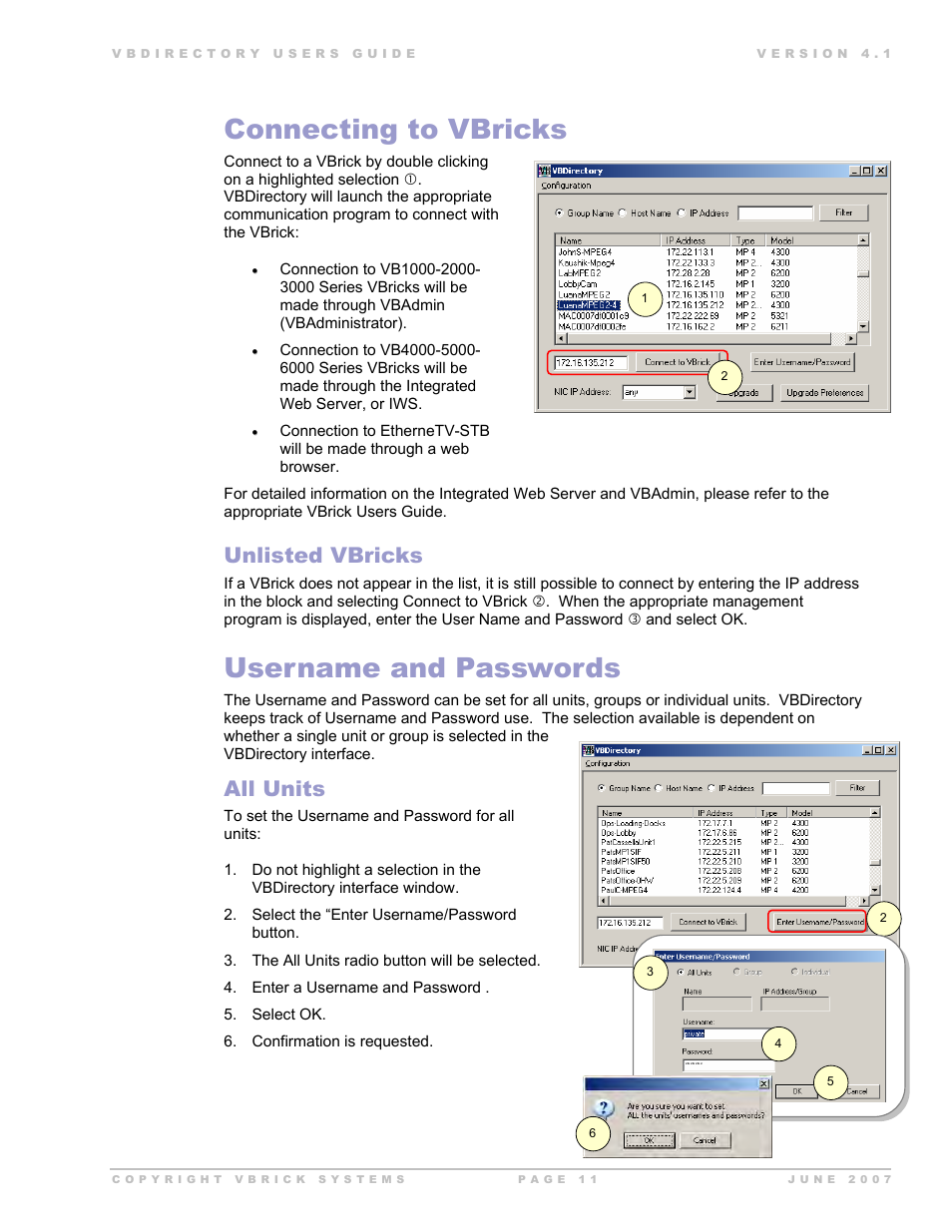 Connecting to vbricks, Username and passwords, Unlisted vbricks | All units | VBrick Systems VB Directory System User Manual | Page 11 / 21