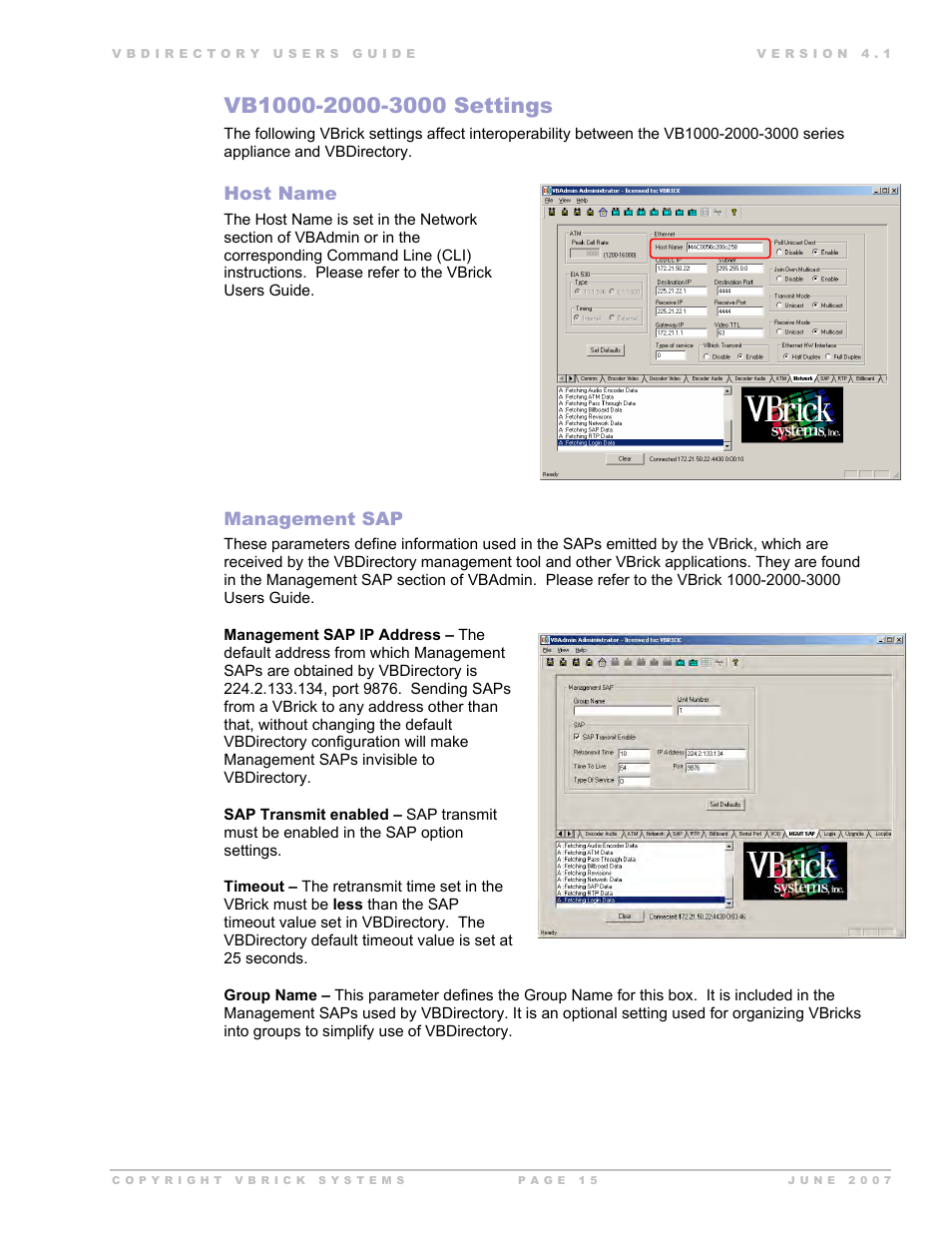 Host name, Management sap | VBrick Systems VB Directory System User Manual | Page 15 / 21