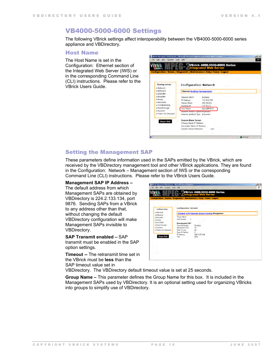 Host name, Setting the management sap | VBrick Systems VB Directory System User Manual | Page 18 / 21