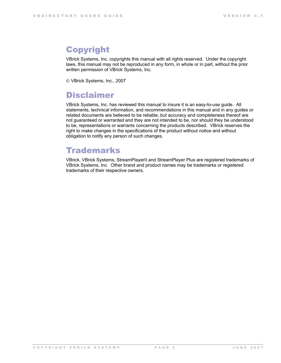 Copyright, Disclaimer, Trademarks | VBrick Systems VB Directory System User Manual | Page 2 / 21