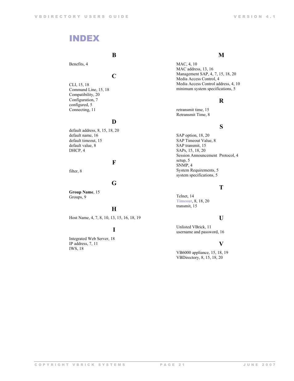 Index | VBrick Systems VB Directory System User Manual | Page 21 / 21