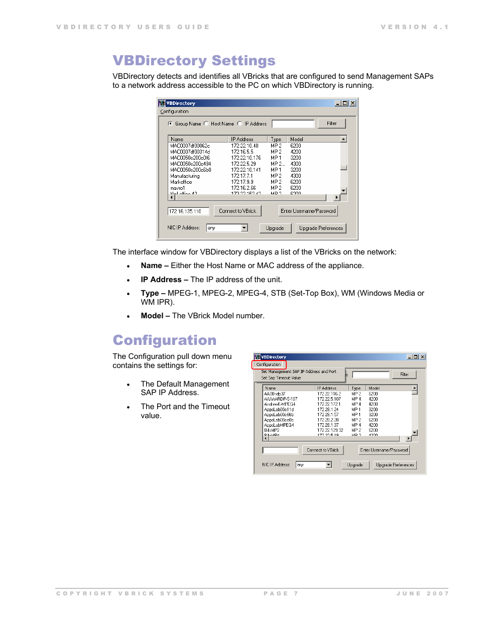 Vbdirectory settings, Configuration | VBrick Systems VB Directory System User Manual | Page 7 / 21