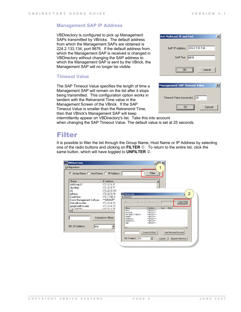 Filter | VBrick Systems VB Directory System User Manual | Page 8 / 21