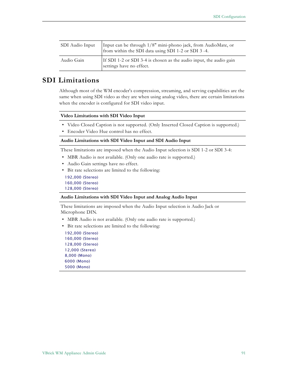 Sdi limitations | VBrick Systems VBRICK APPLIANCE VB6000 User Manual | Page 101 / 156