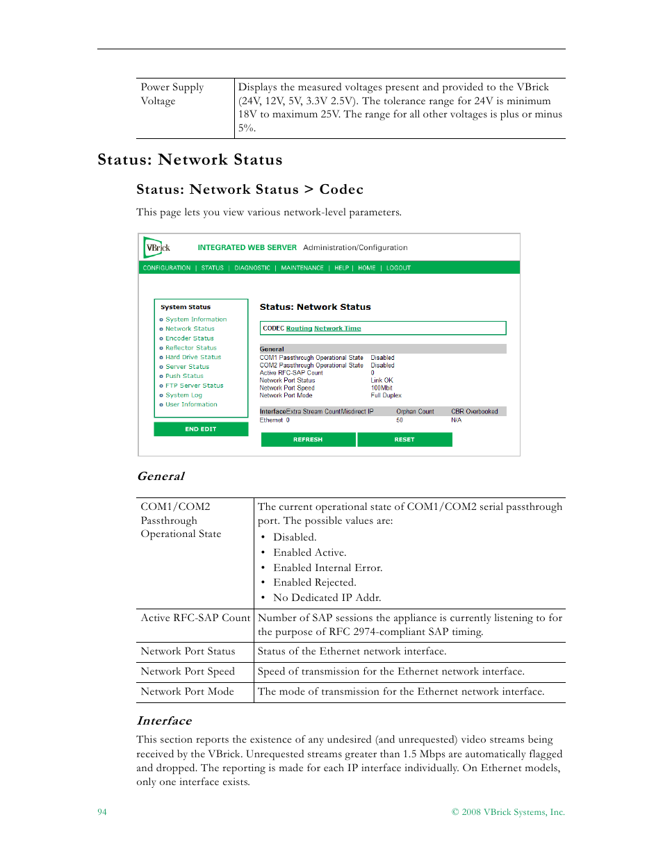 Status: network status, Status: network status > codec | VBrick Systems VBRICK APPLIANCE VB6000 User Manual | Page 104 / 156