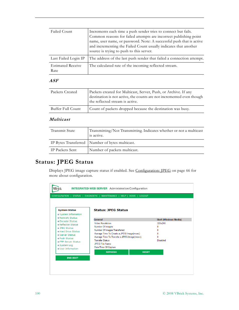 Status: jpeg status | VBrick Systems VBRICK APPLIANCE VB6000 User Manual | Page 110 / 156