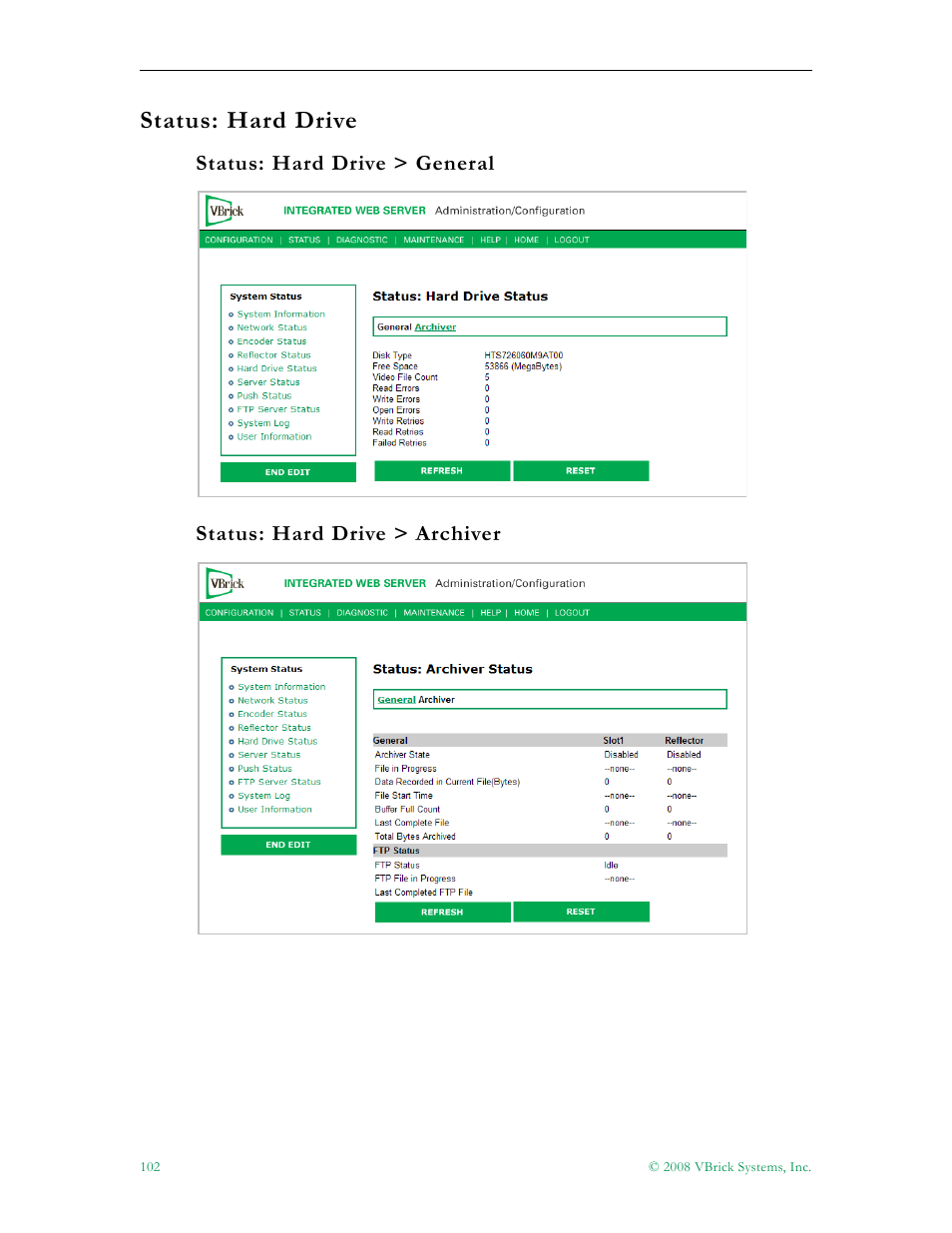 Status: hard drive | VBrick Systems VBRICK APPLIANCE VB6000 User Manual | Page 112 / 156