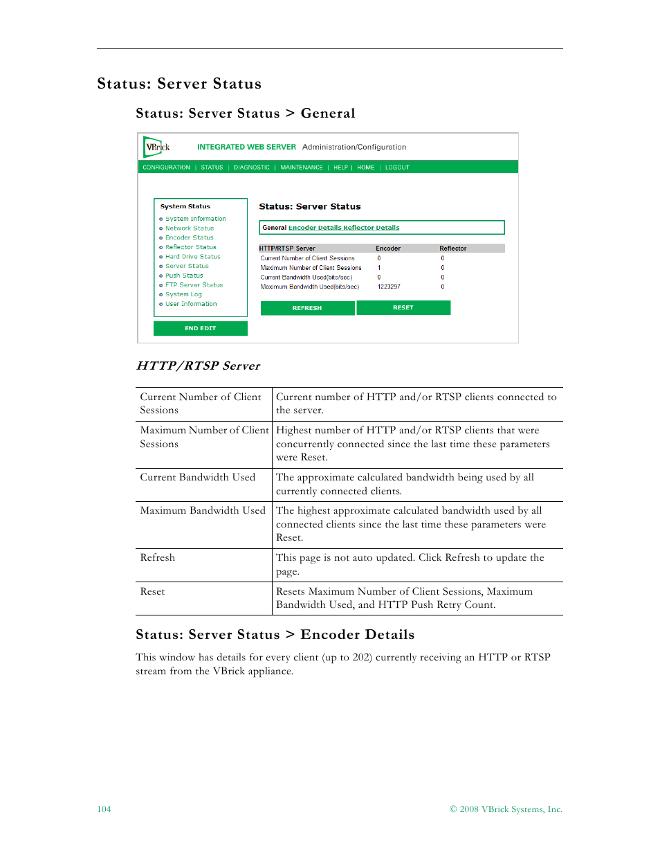 Status: server status, Status: server status > general, Status: server status > encoder details | VBrick Systems VBRICK APPLIANCE VB6000 User Manual | Page 114 / 156