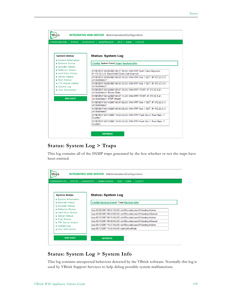 Status: system log > traps, Status: system log > system info | VBrick Systems VBRICK APPLIANCE VB6000 User Manual | Page 119 / 156