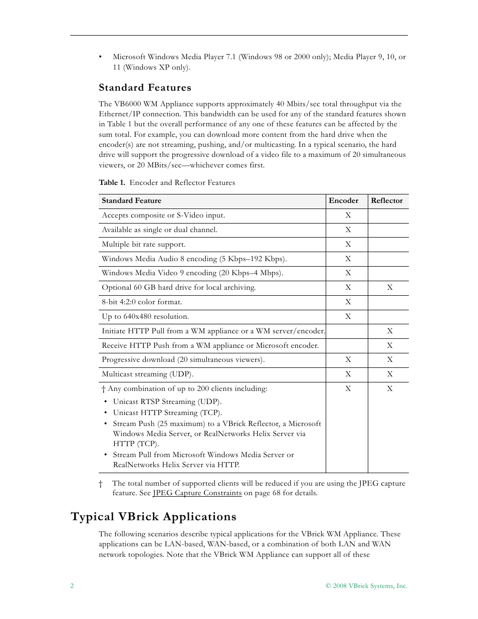 Standard features, Typical vbrick applications | VBrick Systems VBRICK APPLIANCE VB6000 User Manual | Page 12 / 156