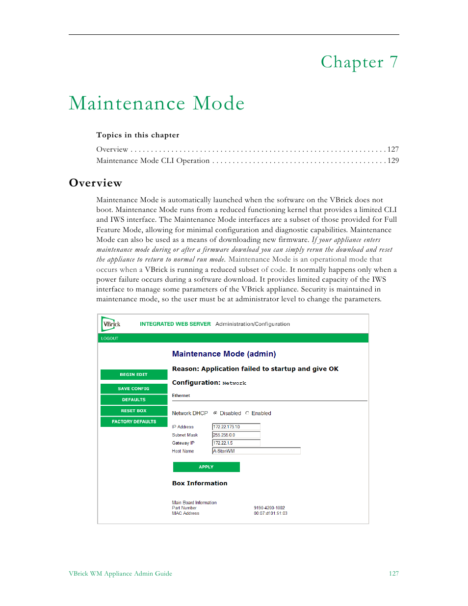 Maintenance mode, Chapter 7, Overview | VBrick Systems VBRICK APPLIANCE VB6000 User Manual | Page 137 / 156