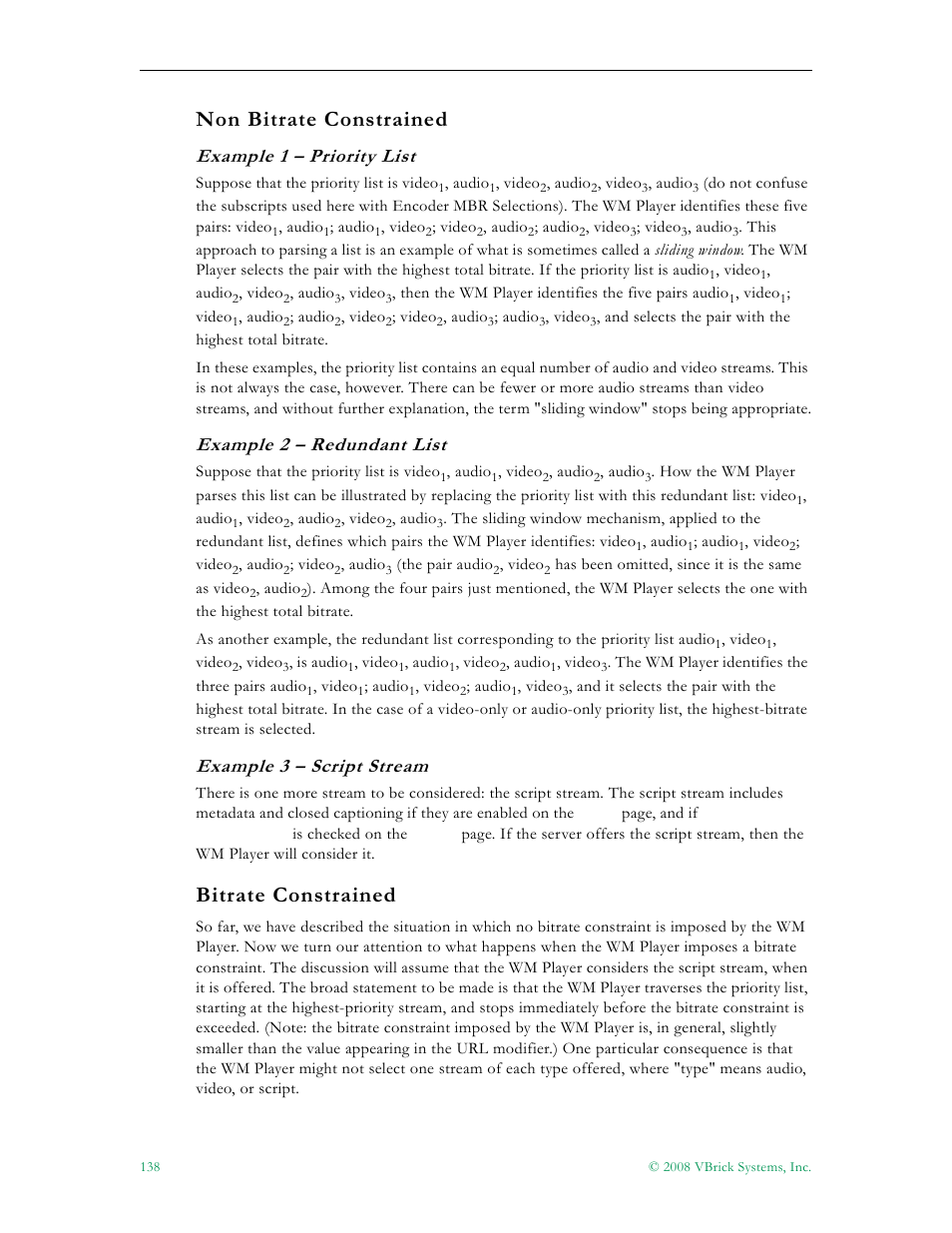 Non bitrate constrained, Bitrate constrained, Example 1 – priority list | Example 2 – redundant list, Example 3 – script stream | VBrick Systems VBRICK APPLIANCE VB6000 User Manual | Page 148 / 156