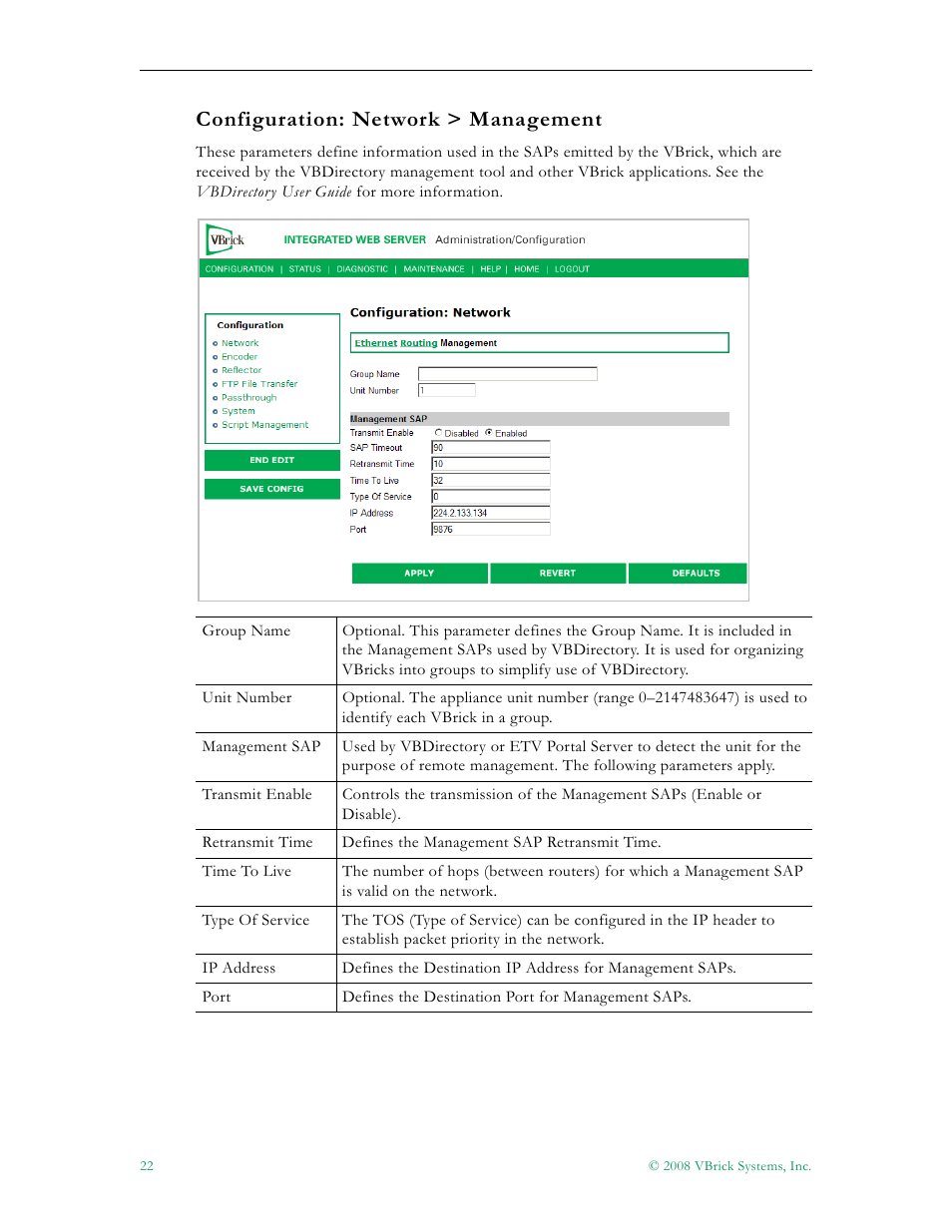 Configuration: network > management | VBrick Systems VBRICK APPLIANCE VB6000 User Manual | Page 32 / 156