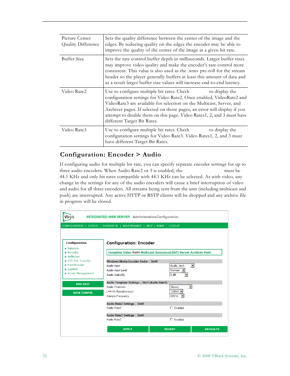 Configuration: encoder > audio | VBrick Systems VBRICK APPLIANCE VB6000 User Manual | Page 42 / 156