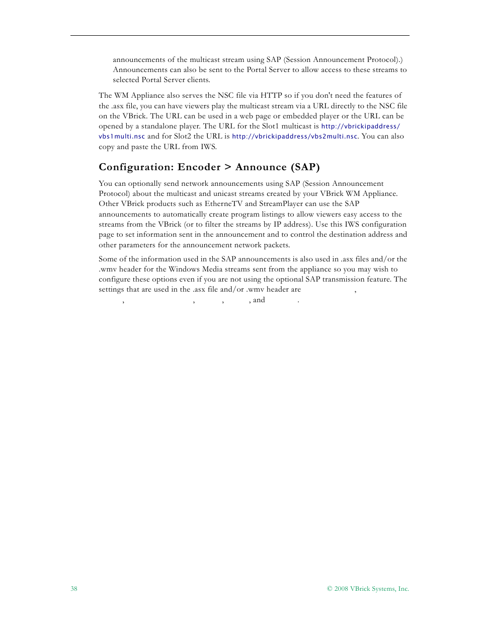 Configuration: encoder > announce (sap) | VBrick Systems VBRICK APPLIANCE VB6000 User Manual | Page 48 / 156