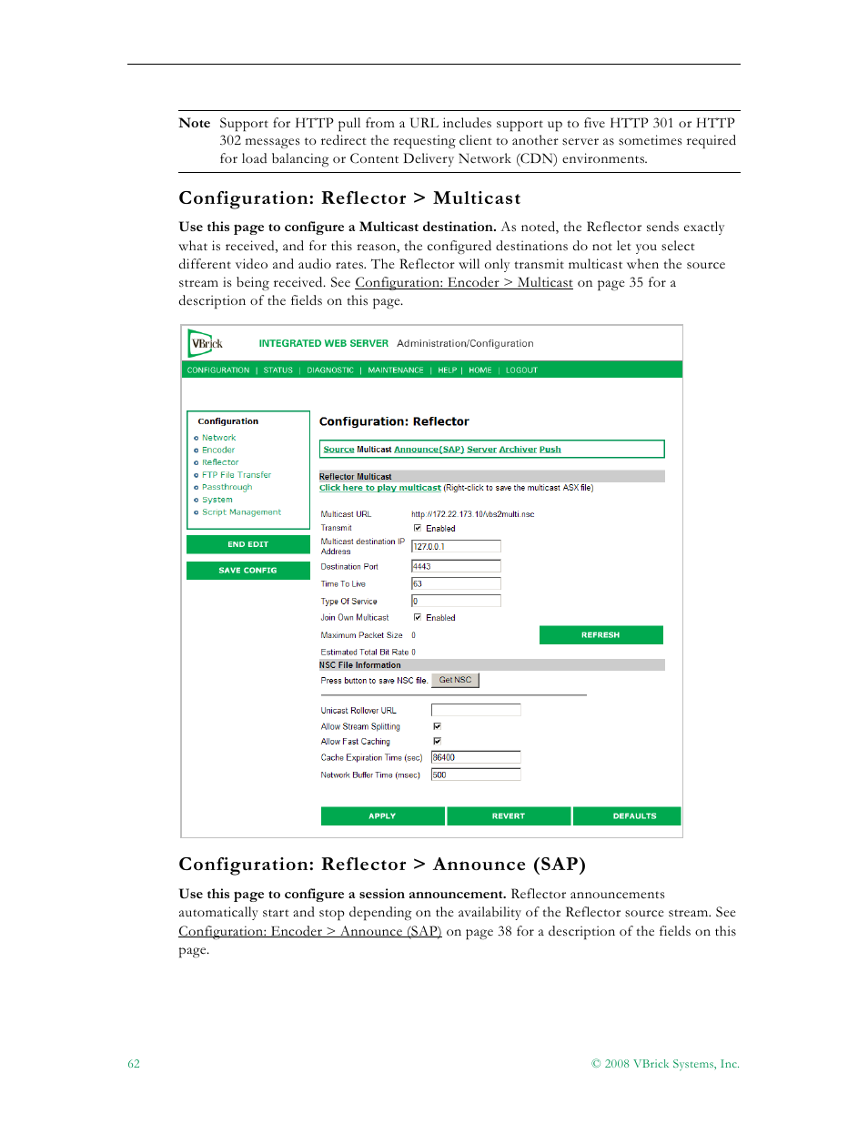 Configuration: reflector > multicast, Configuration: reflector > announce (sap) | VBrick Systems VBRICK APPLIANCE VB6000 User Manual | Page 72 / 156