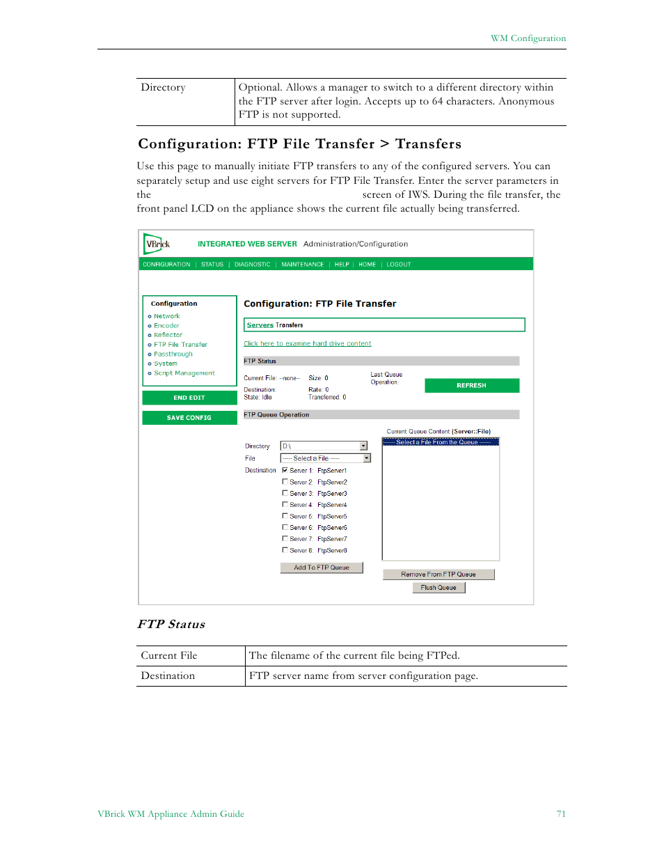Configuration: ftp file transfer > transfers | VBrick Systems VBRICK APPLIANCE VB6000 User Manual | Page 81 / 156