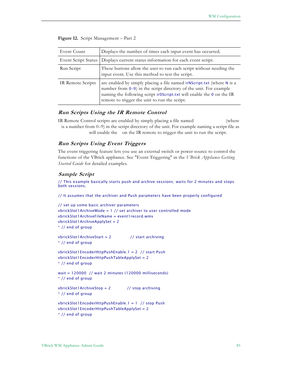 Run scripts using the ir remote control, Run scripts using event triggers, Sample script | VBrick Systems VBRICK APPLIANCE VB6000 User Manual | Page 95 / 156