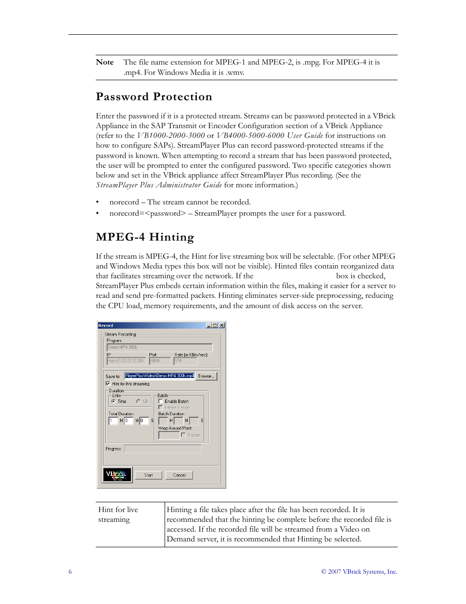 Password protection mpeg-4 hinting, Password protection, Mpeg-4 hinting | VBrick Systems StreamPlayer v4.4 User Manual | Page 12 / 32