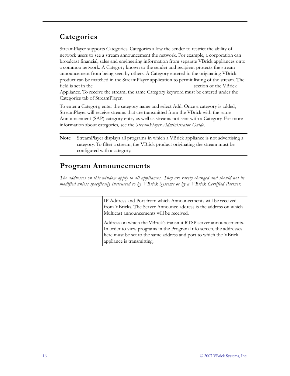 Categories program announcements, Categories, Program announcements | VBrick Systems StreamPlayer v4.4 User Manual | Page 22 / 32