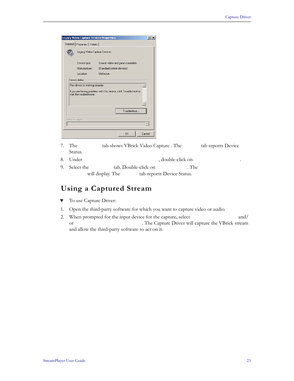 Using a captured stream | VBrick Systems StreamPlayer v4.4 User Manual | Page 29 / 32