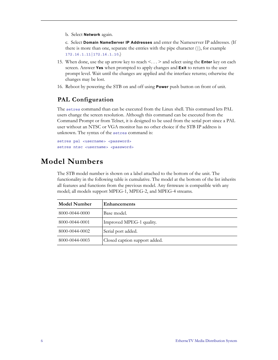 Pal configuration, Model numbers | VBrick Systems MPEG-1 User Manual | Page 12 / 58