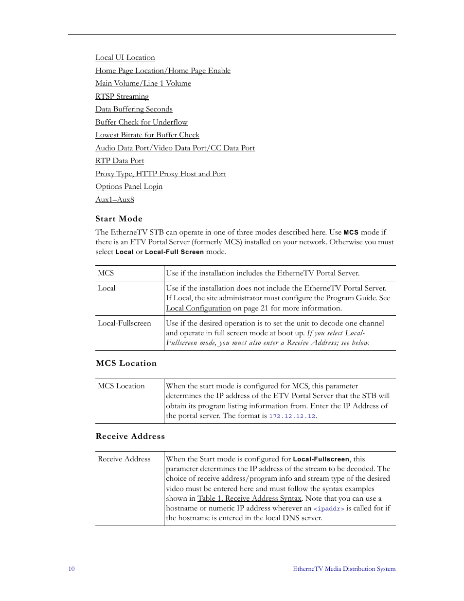See start mode, Start mode mcs location receive address | VBrick Systems MPEG-1 User Manual | Page 16 / 58