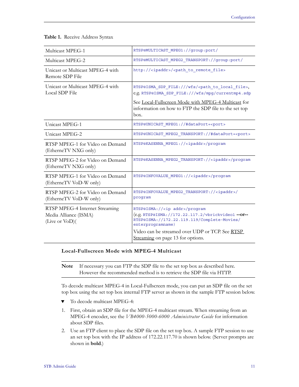 N in table 1, receive address syntax. not | VBrick Systems MPEG-1 User Manual | Page 17 / 58